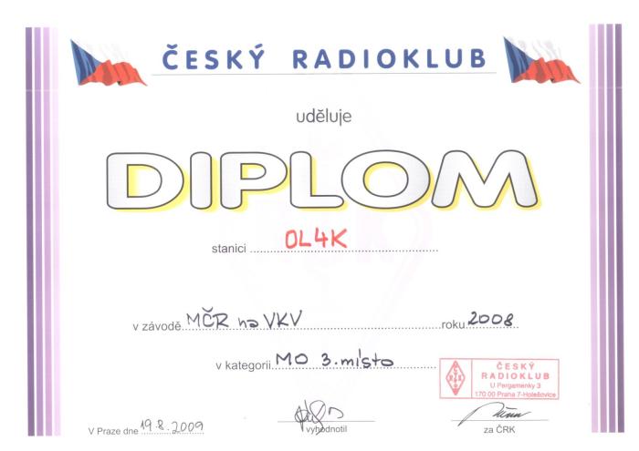 Diplom pro OL4K za 3. misto MČR VKV 2008 MO