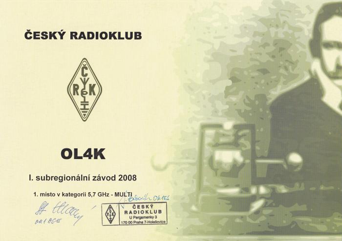 Diplom pro OL4K za 1. místo UHF/MW Contest 2008 5.7GHz MO.
