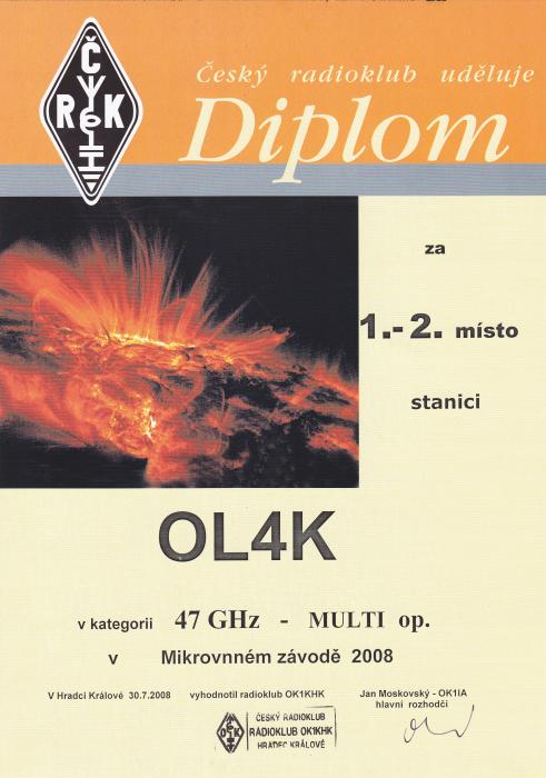 Diplom pro OL4K za 1.-2. místo UHF/MW Contest 2008 47GHz MO.
