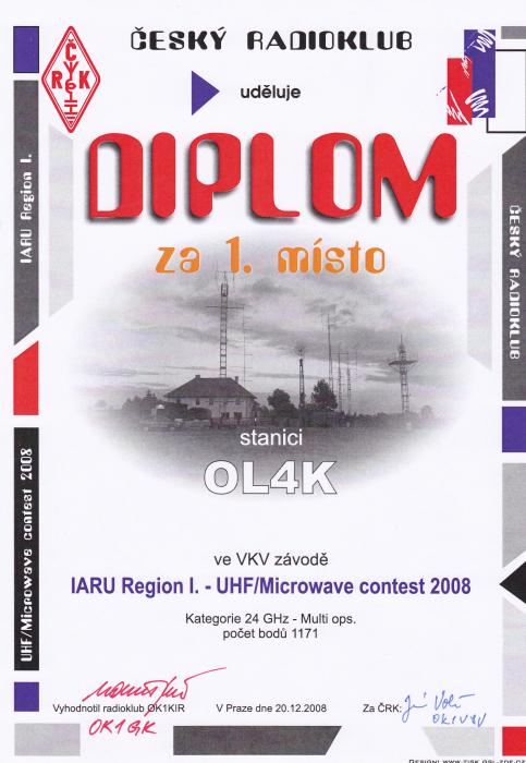 Diplom pro OL4K za 1. místo UHF/MW Contest 2008 24GHz MO.