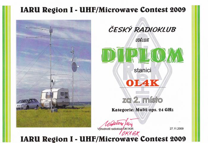 Diplom pro OL4K za 2. místo UHF/MW Contest 2009 24GHz MO.