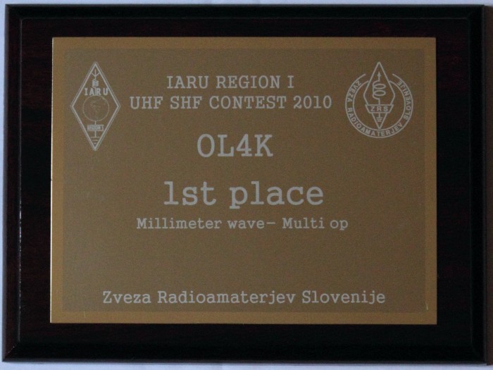 Plaketa pro OL4K za 1. místo - UHF Contest 2010 Millimeter wave MO