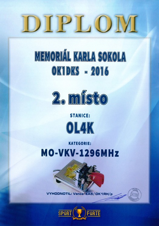 Memoriál Karla Sokola OK1DKS - 2. místo v pásmu 1296 MHz